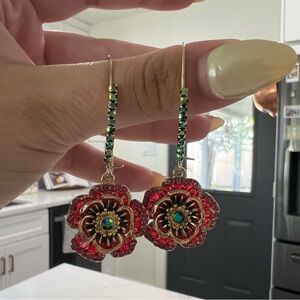 Betsey Johnson Red Flower Drop Earrings Enamel /Crystal